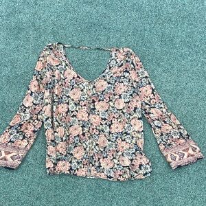 Billabong Floral V-Neck Blouse - Pink and Blue